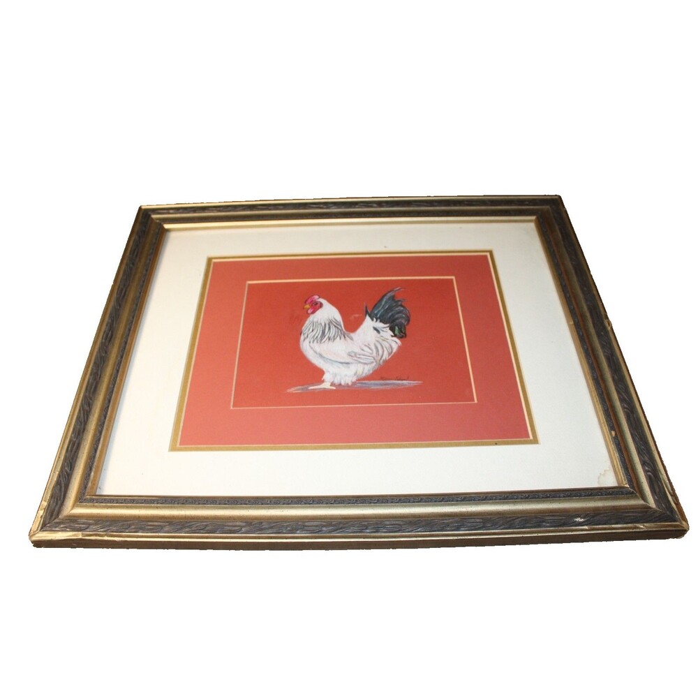 Rooster Hand Painted in Metal Frame Farm Chicken Artwork Wall Art 15” X 15”